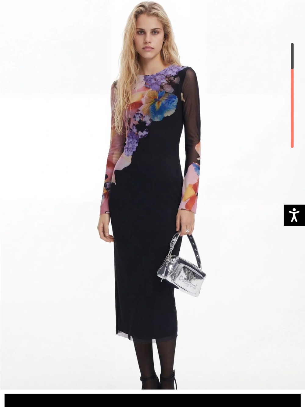 Desigual Black Long-Sleeve Floral Accent Midi Dress